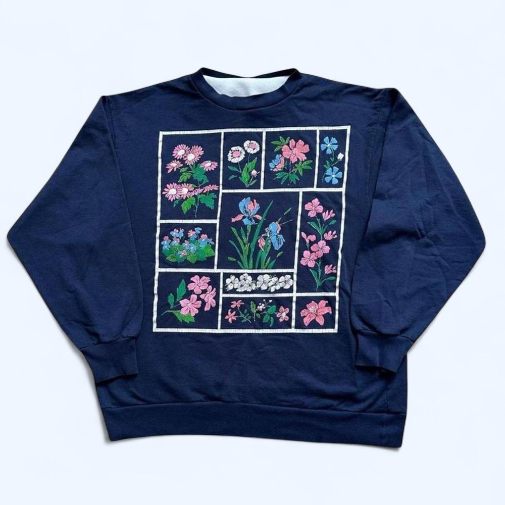 Vintage 1990s Navy Floral Panel Collar Sweatshirt L